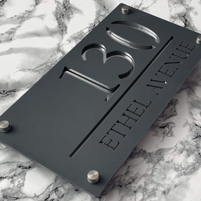 Majestic House Number Sign Modern Style Door Name Plaque - Grey and Silver Font