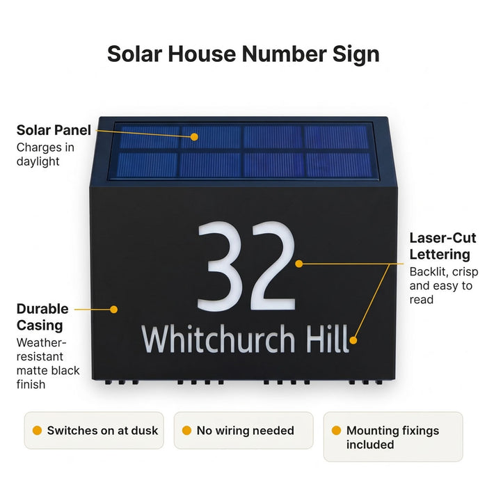 Dusk House Number Sign with Solar Light - Illuminated Door Number Plaque