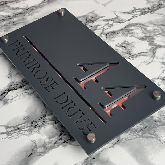 Majestic House Number Sign Modern Style Door Name Plaque - Grey and Rose Gold Font