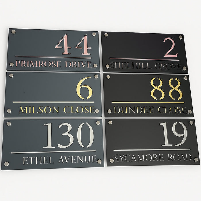 Majestic House Number Sign Modern Style Door Name Plaque - White and Rose Gold Font