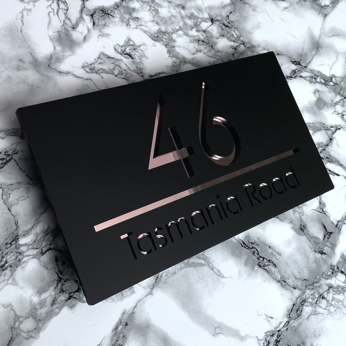 Premier House Number Sign Modern Floating Style Door Name Plaque - Rose Gold & Black (CENTRED TEXT)