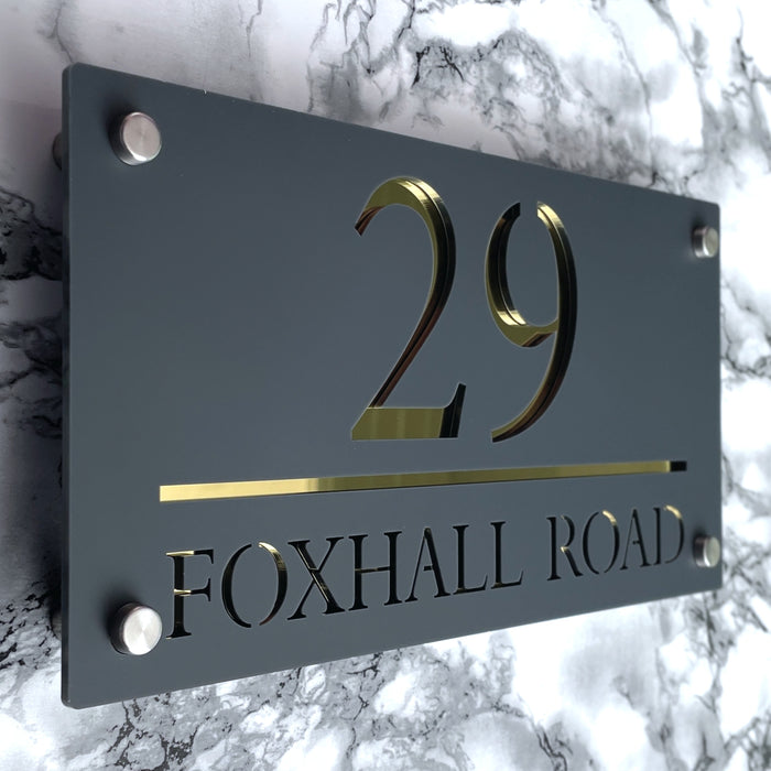 Majestic House Number Sign Modern Style Door Name Plaque - Grey and Gold Font (CENTRED TEXT)