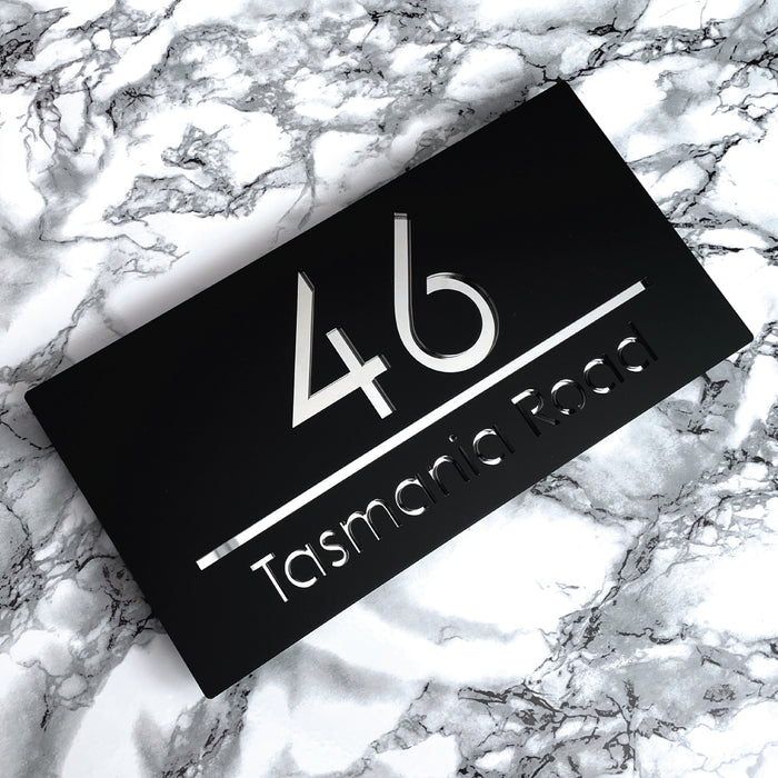 Premier House Number Sign Modern Floating Style Door Name Plaque - Silver & Black (CENTRED TEXT)