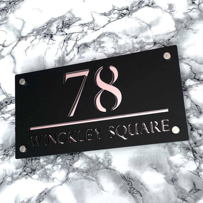 Majestic House Number Sign Modern Style Door Name Plaque - Black and Rose Gold Font (CENTRED TEXT)