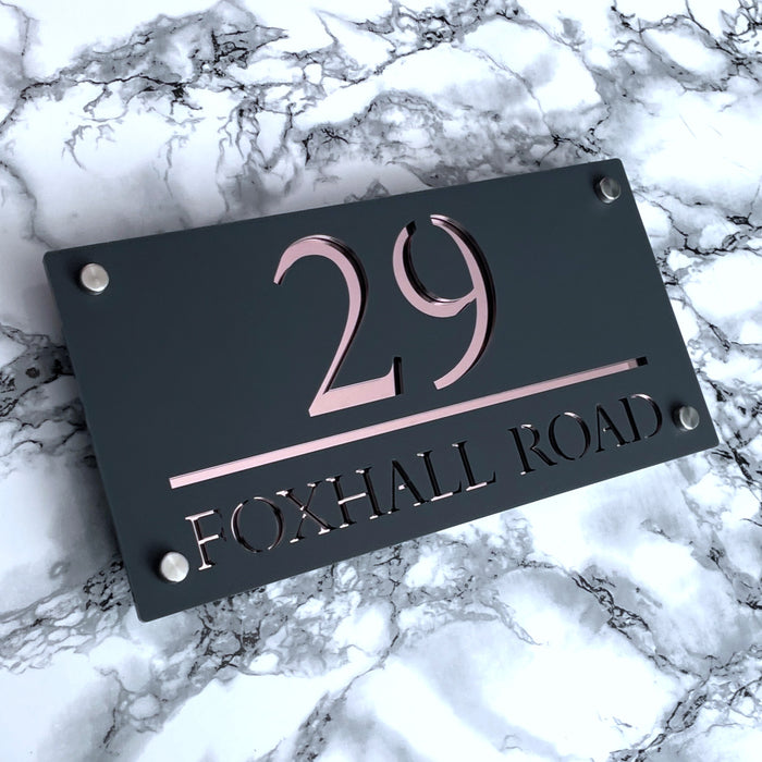 Majestic House Number Sign Modern Style Door Name Plaque - Grey and Rose Gold Font (CENTRED TEXT)