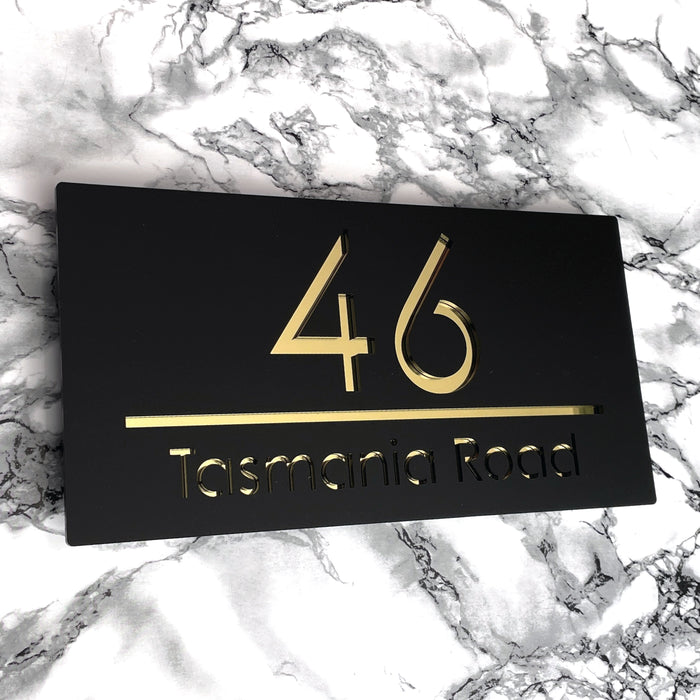 Premier House Number Sign Modern Floating Style Door Name Plaque - Gold & Black (CENTRED TEXT)