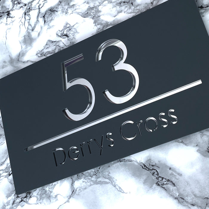 Premier House Number Sign Modern Floating Style Door Name Plaque - Silver & Grey (CENTRED TEXT)