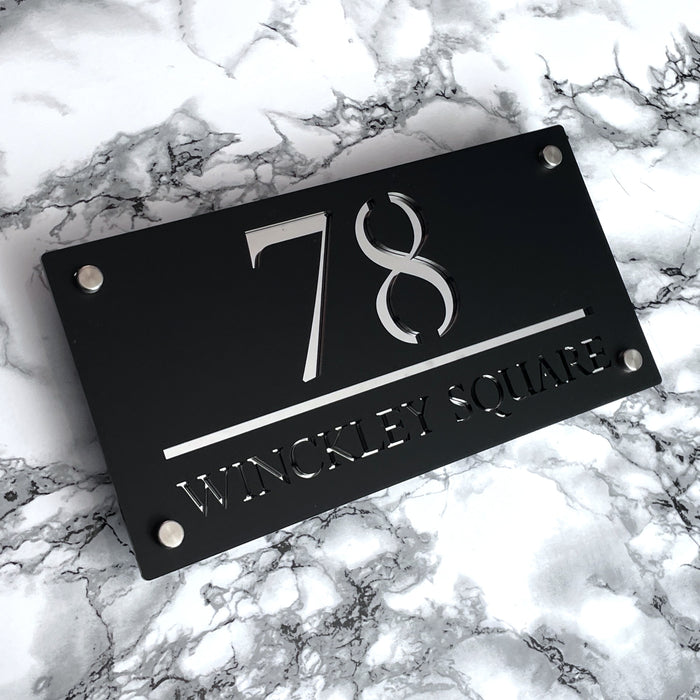 Majestic House Number Sign Modern Style Door Name Plaque - Black and Silver Font (CENTRED TEXT)