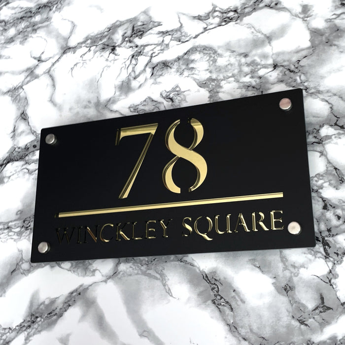 Majestic House Number Sign Modern Style Door Name Plaque - Black and Gold Font (CENTRED TEXT)