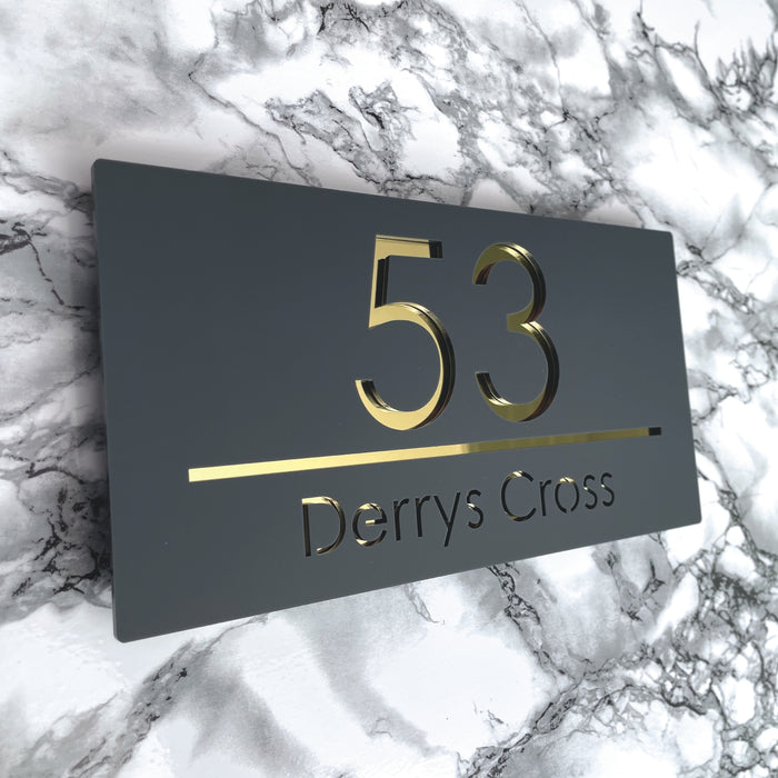 Premier House Number Sign Modern Floating Style Door Name Plaque - Gold & Grey (CENTRED TEXT)