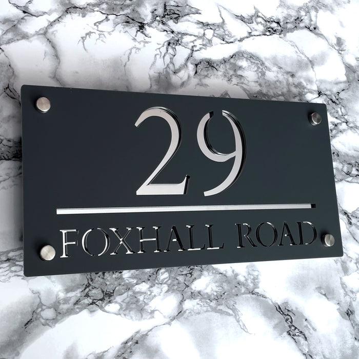 Majestic House Number Sign Modern Style Door Name Plaque - Grey and Silver Font (CENTRED TEXT)