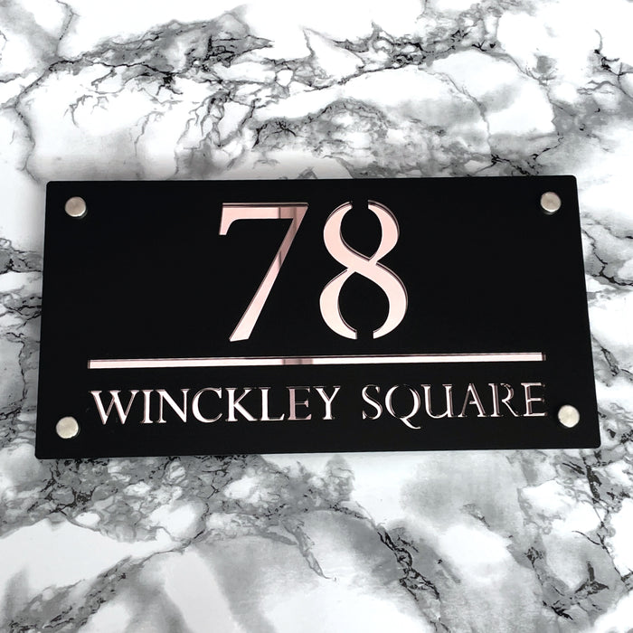Majestic House Number Sign Modern Style Door Name Plaque - Black and Rose Gold Font (CENTRED TEXT)