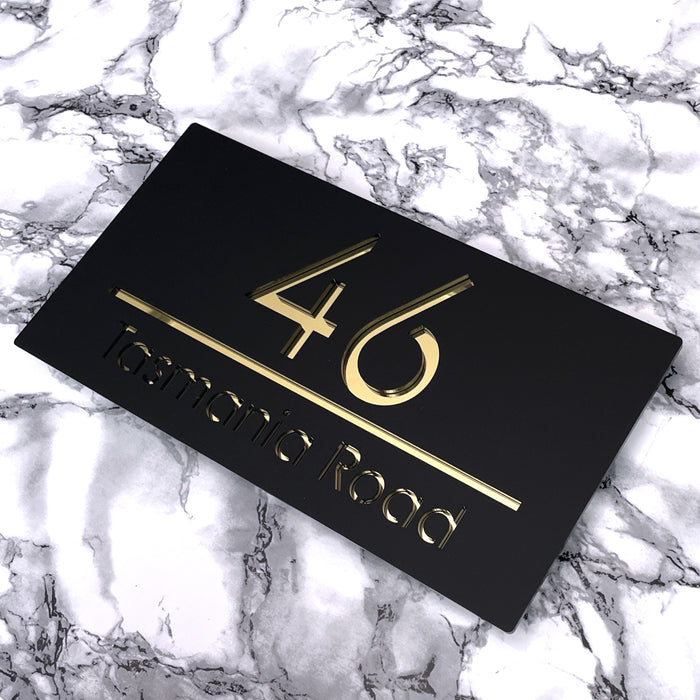 Premier House Number Sign Modern Floating Style Door Name Plaque - Gold & Black (CENTRED TEXT)
