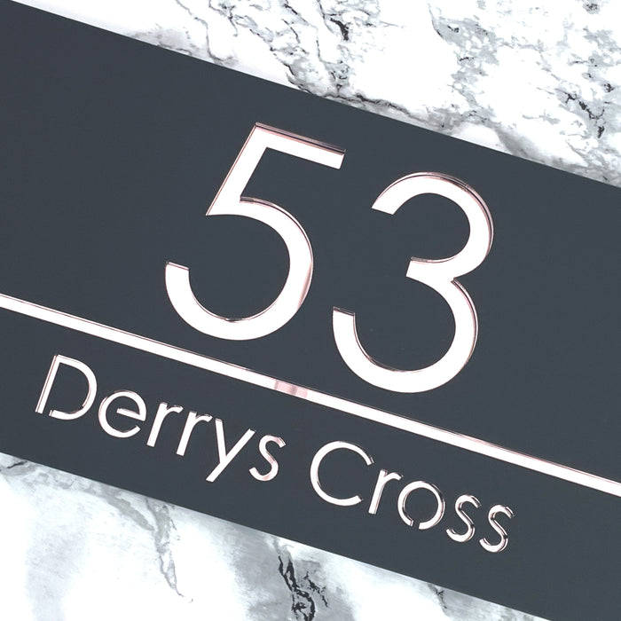 Premier House Number Sign Modern Floating Style Door Name Plaque - Rose Gold & Grey (CENTRED TEXT)