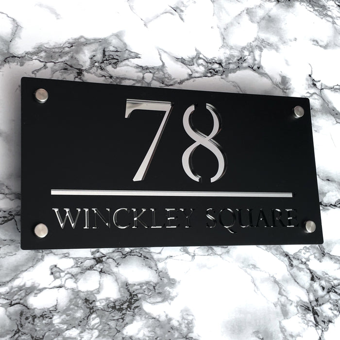 Majestic House Number Sign Modern Style Door Name Plaque - Black and Silver Font (CENTRED TEXT)