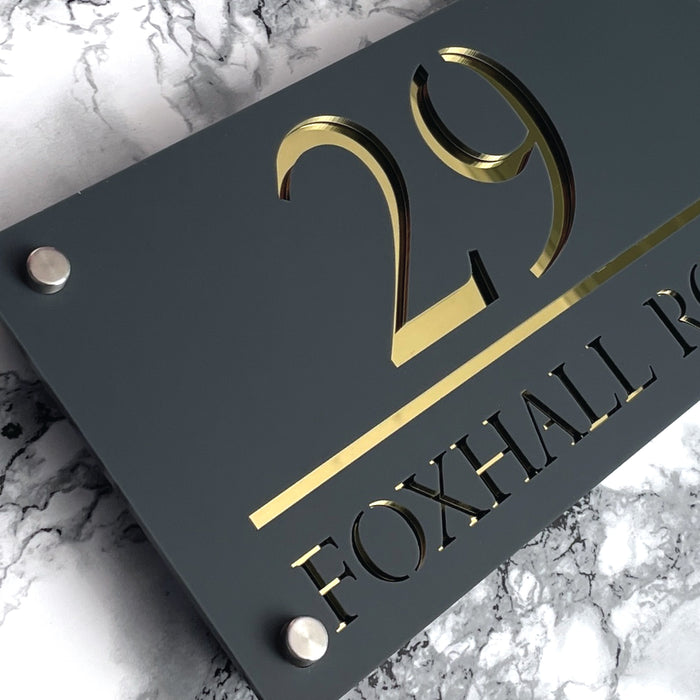 Majestic House Number Sign Modern Style Door Name Plaque - Grey and Gold Font (CENTRED TEXT)