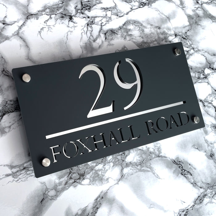 Majestic House Number Sign Modern Style Door Name Plaque - Grey and Silver Font (CENTRED TEXT)