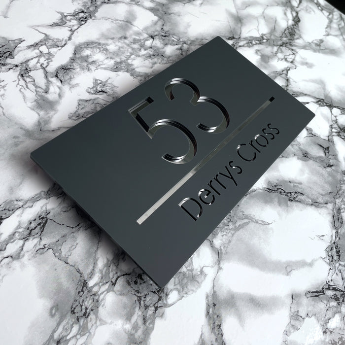 Premier House Number Sign Modern Floating Style Door Name Plaque - Silver & Grey (CENTRED TEXT)
