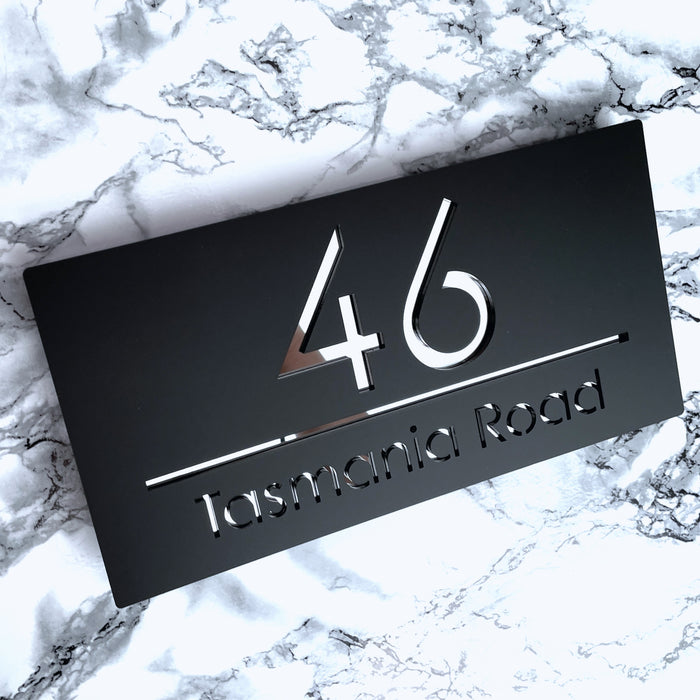 Premier House Number Sign Modern Floating Style Door Name Plaque - Silver & Black (CENTRED TEXT)