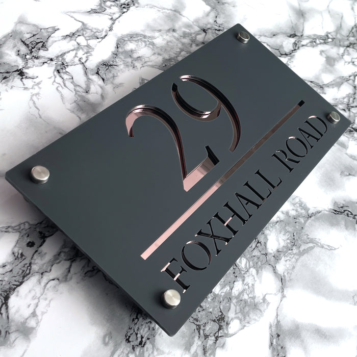 Majestic House Number Sign Modern Style Door Name Plaque - Grey and Rose Gold Font (CENTRED TEXT)