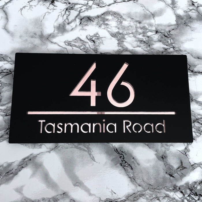 Premier House Number Sign Modern Floating Style Door Name Plaque - Rose Gold & Black (CENTRED TEXT)