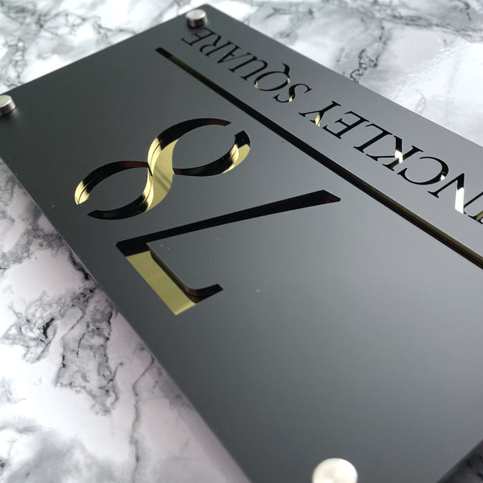 Majestic House Number Sign Modern Style Door Name Plaque - Black and Gold Font (CENTRED TEXT)