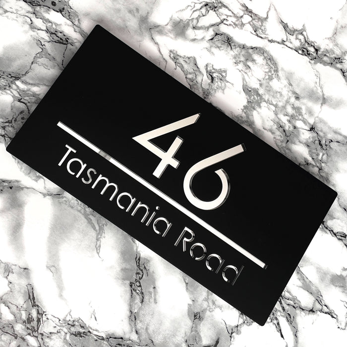 Premier House Number Sign Modern Floating Style Door Name Plaque - Silver & Black (CENTRED TEXT)