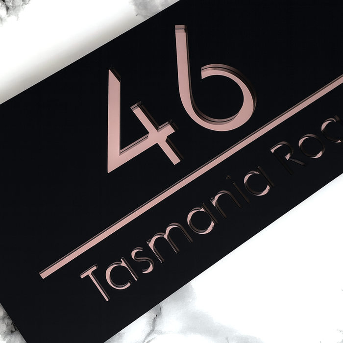 Premier House Number Sign Modern Floating Style Door Name Plaque - Rose Gold & Black (CENTRED TEXT)