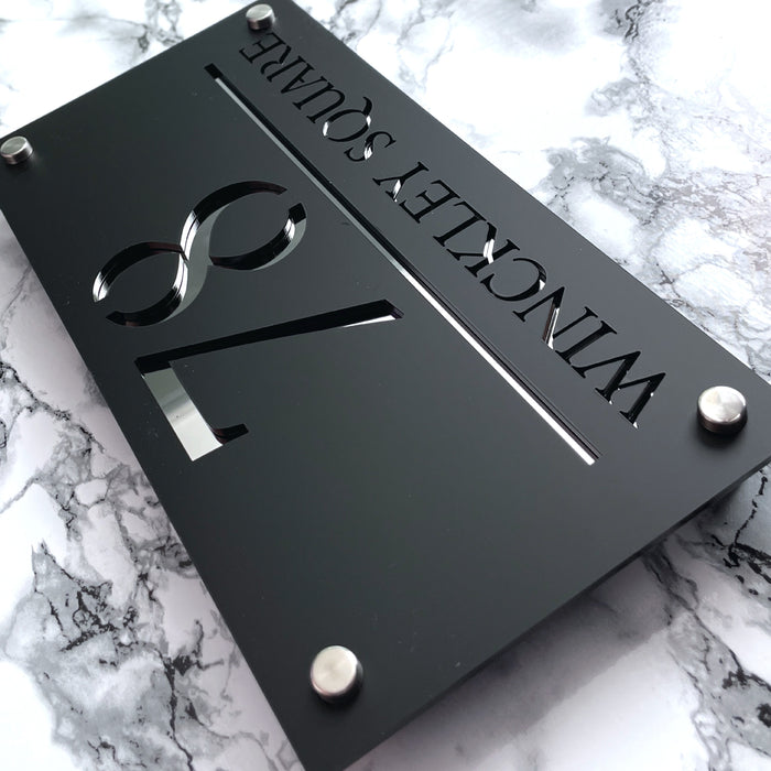 Majestic House Number Sign Modern Style Door Name Plaque - Black and Silver Font (CENTRED TEXT)