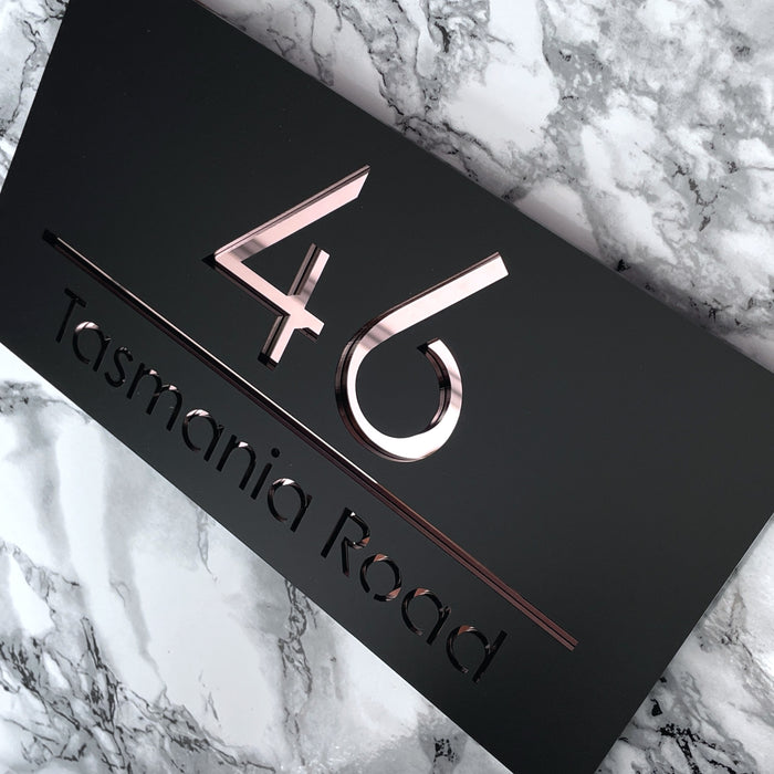 Premier House Number Sign Modern Floating Style Door Name Plaque - Rose Gold & Black (CENTRED TEXT)