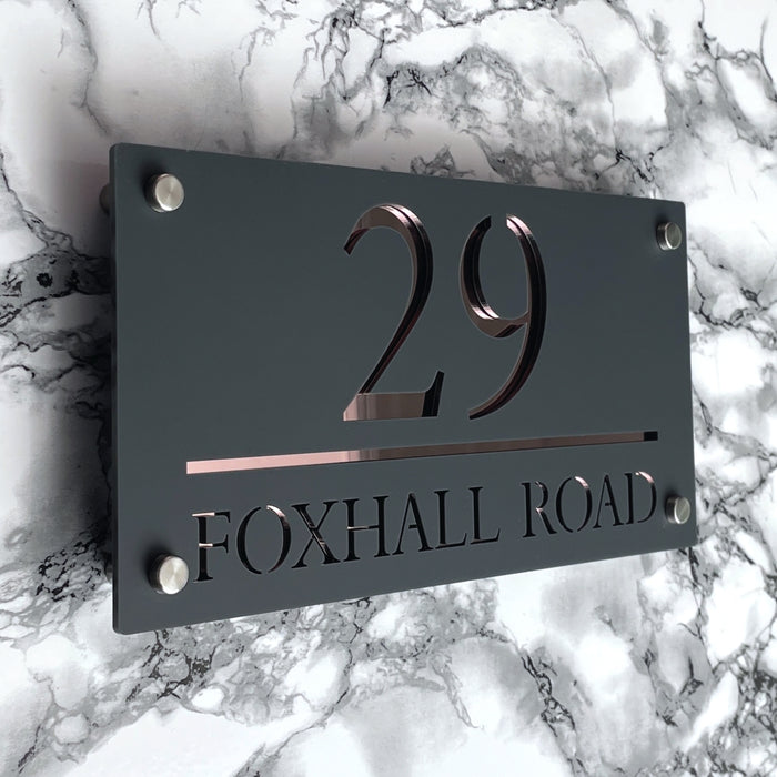 Majestic House Number Sign Modern Style Door Name Plaque - Grey and Rose Gold Font (CENTRED TEXT)