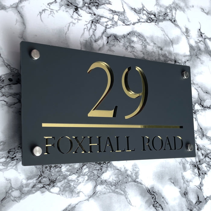 Majestic House Number Sign Modern Style Door Name Plaque - Grey and Gold Font (CENTRED TEXT)