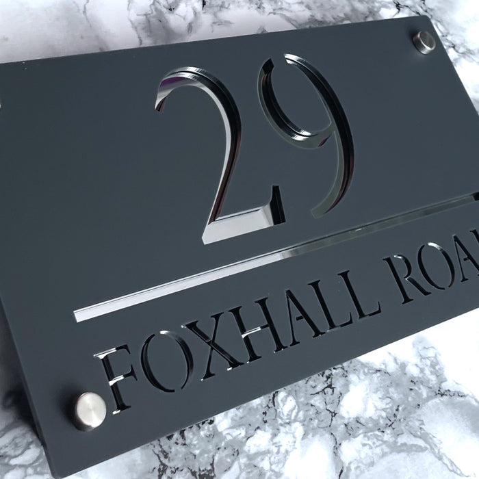 Majestic House Number Sign Modern Style Door Name Plaque - Grey and Silver Font (CENTRED TEXT)