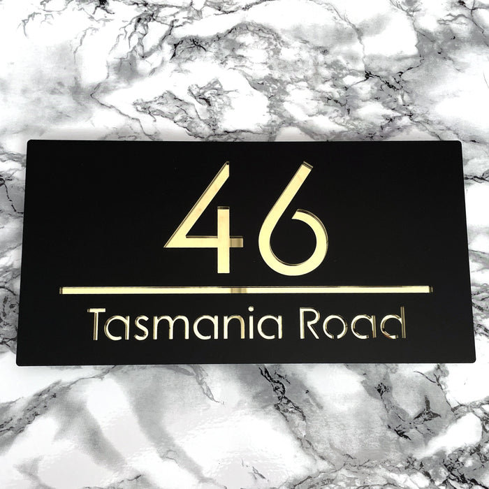 Premier House Number Sign Modern Floating Style Door Name Plaque - Gold & Black (CENTRED TEXT)