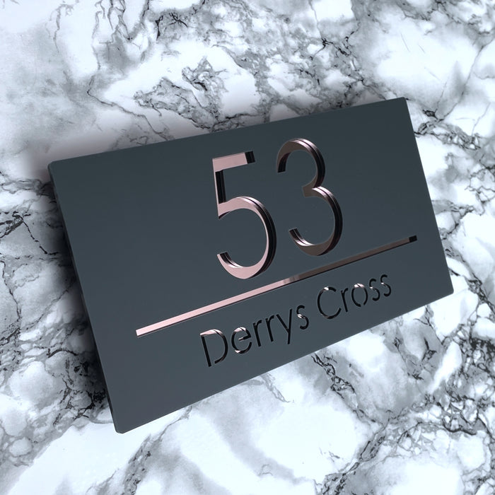 Premier House Number Sign Modern Floating Style Door Name Plaque - Rose Gold & Grey (CENTRED TEXT)