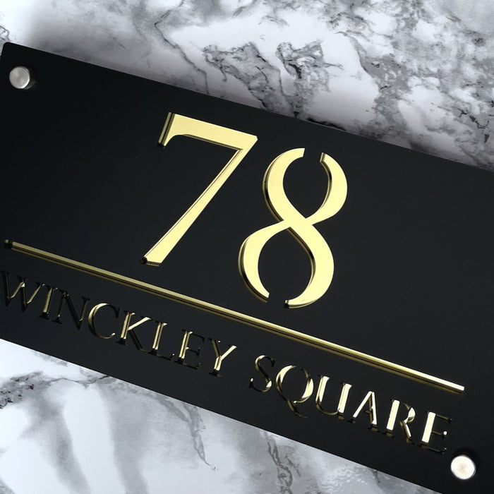 Majestic House Number Sign Modern Style Door Name Plaque - Black and Gold Font (CENTRED TEXT)