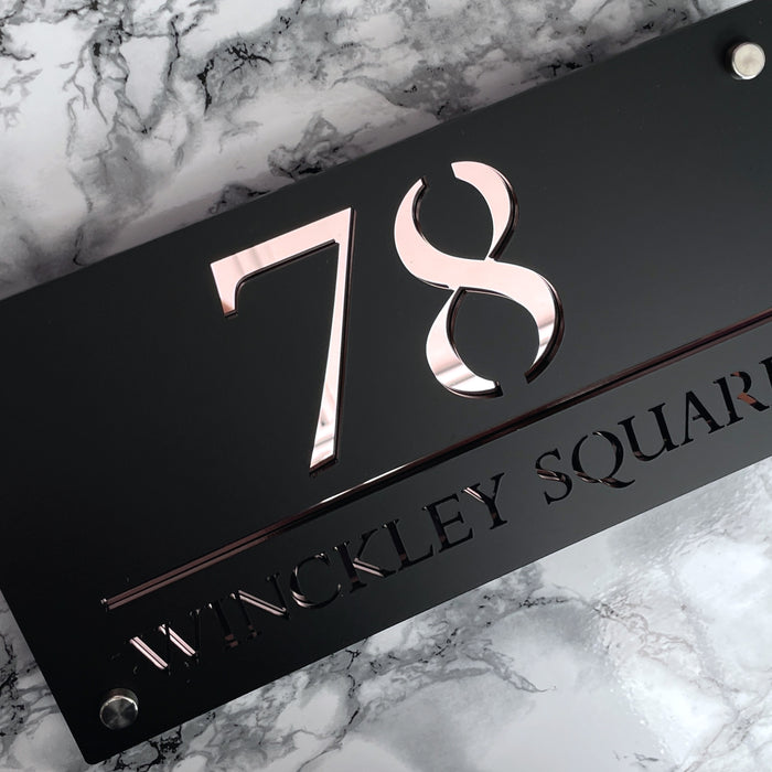 Majestic House Number Sign Modern Style Door Name Plaque - Black and Rose Gold Font (CENTRED TEXT)