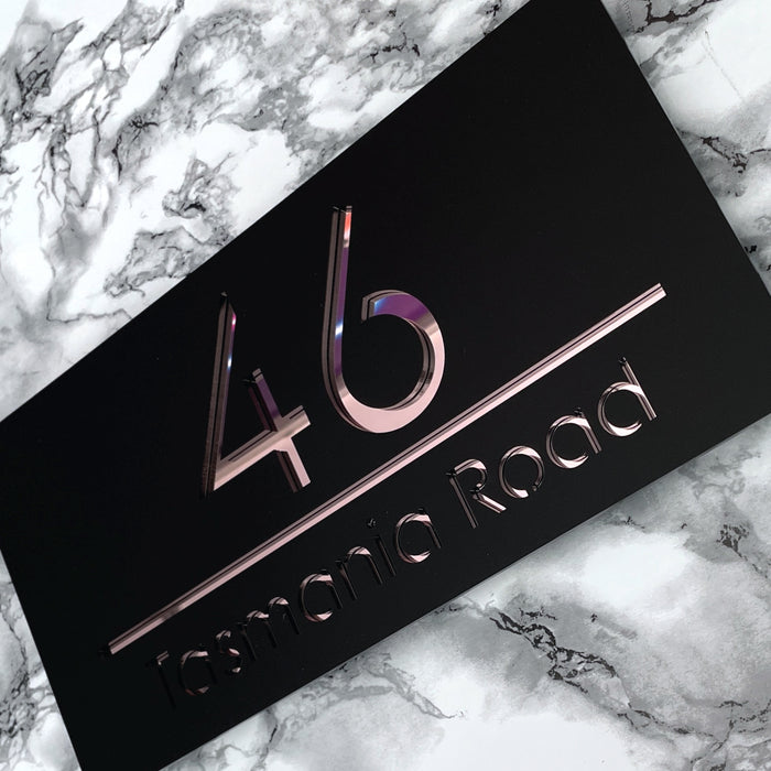 Premier House Number Sign Modern Floating Style Door Name Plaque - Rose Gold & Black (CENTRED TEXT)