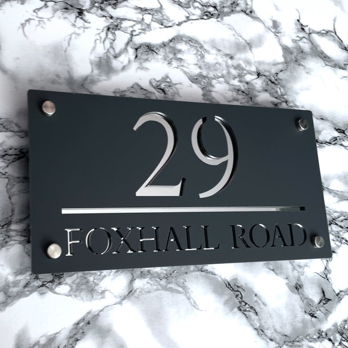 Majestic House Number Sign Modern Style Door Name Plaque - Grey and Silver Font (CENTRED TEXT)