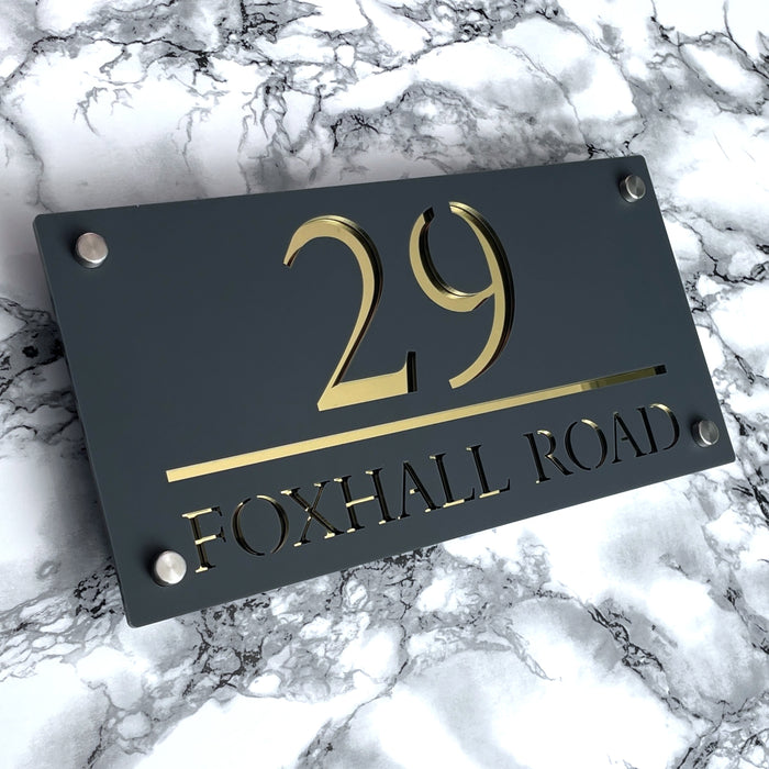Majestic House Number Sign Modern Style Door Name Plaque - Grey and Gold Font (CENTRED TEXT)