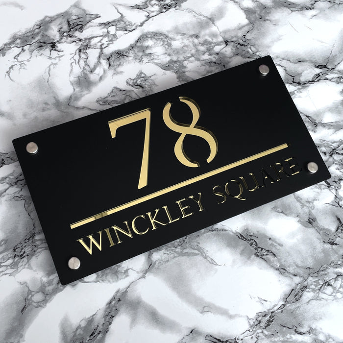 Majestic House Number Sign Modern Style Door Name Plaque - Black and Gold Font (CENTRED TEXT)