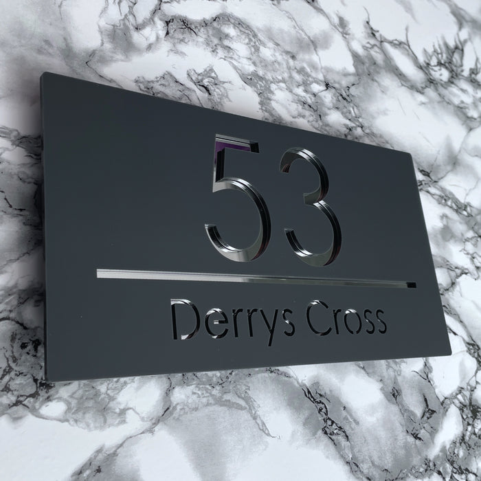 Premier House Number Sign Modern Floating Style Door Name Plaque - Silver & Grey (CENTRED TEXT)