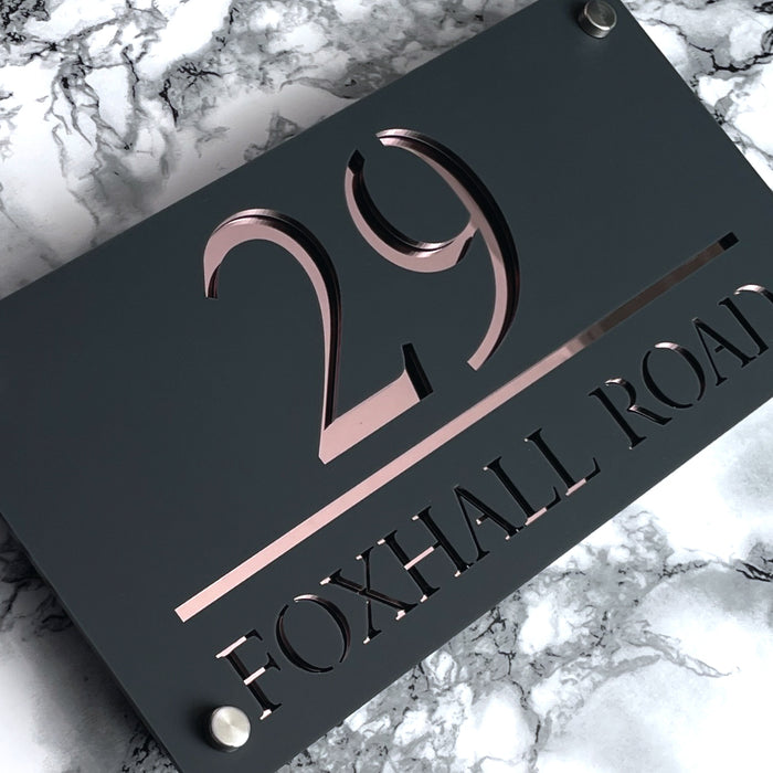 Majestic House Number Sign Modern Style Door Name Plaque - Grey and Rose Gold Font (CENTRED TEXT)