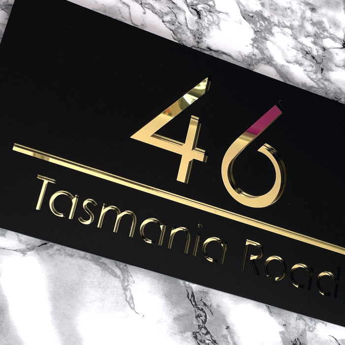 Premier House Number Sign Modern Floating Style Door Name Plaque - Gold & Black (CENTRED TEXT)