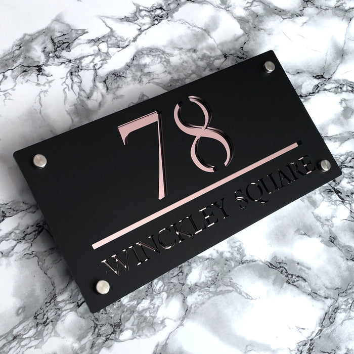 Majestic House Number Sign Modern Style Door Name Plaque - Black and Rose Gold Font (CENTRED TEXT)