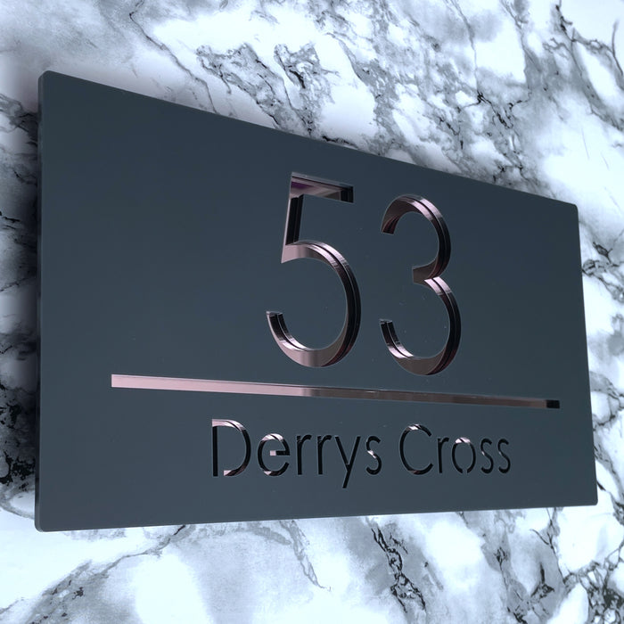 Premier House Number Sign Modern Floating Style Door Name Plaque - Rose Gold & Grey (CENTRED TEXT)