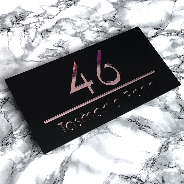 Premier House Number Sign Modern Floating Style Door Name Plaque - Rose Gold & Black (CENTRED TEXT)