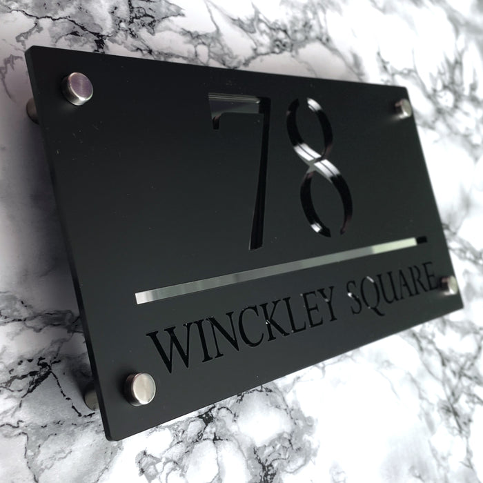 Majestic House Number Sign Modern Style Door Name Plaque - Black and Silver Font (CENTRED TEXT)