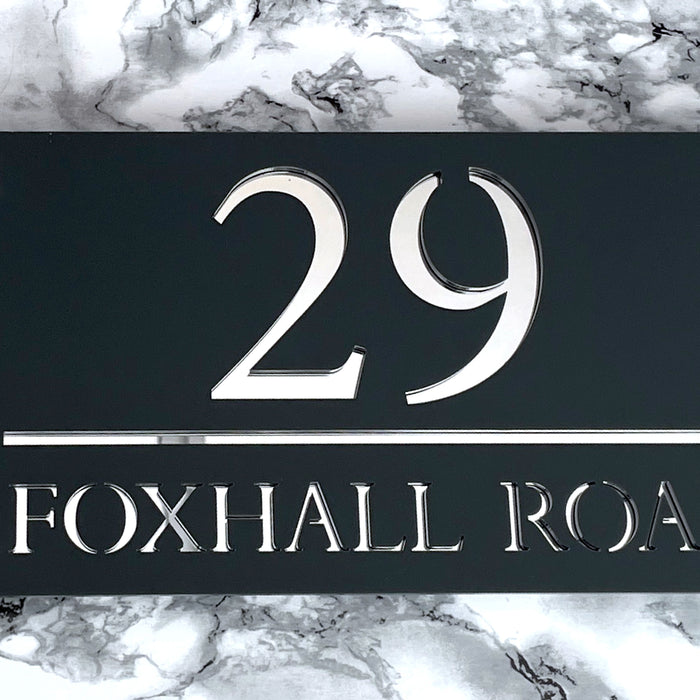 Majestic House Number Sign Modern Style Door Name Plaque - Grey and Silver Font (CENTRED TEXT)