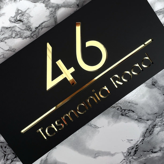 Premier House Number Sign Modern Floating Style Door Name Plaque - Gold & Black (CENTRED TEXT)